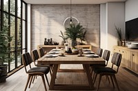 Interior design of stylish dining room table chair wood.