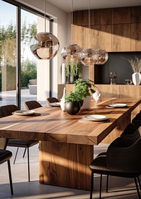 Interior design of stylish dining room table chair architecture.