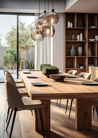 Interior design of stylish dining room table chair wood.