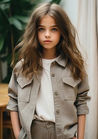 Kid girl wear a jacket with a shirt collar and long sleeves portrait photo coat.