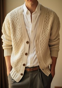 Man wear loose fitting V-neck cardigan sweater sleeve midsection.