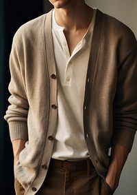 Man wear loose fitting V-neck cardigan sweater sleeve button.