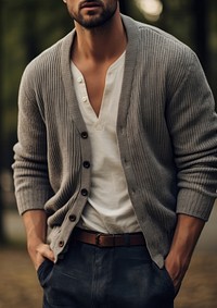 Man wear loose fitting V-neck cardigan sweater sleeve day.