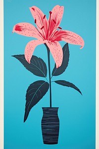Silkscreen on paper of a lily flower plant pink blue.