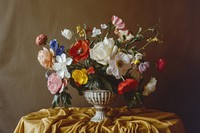 Medieval style colorful flowers vase on table with dark yellow tablecloth painting plant petal.
