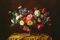 Medieval style colorful flowers vase on table with dark yellow tablecloth painting plant rose.