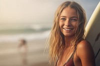 British girl surfer surfing swimwear portrait smiling.
