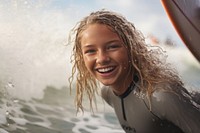 British girl surfer surfing recreation swimming laughing.