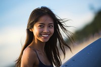 Japanese girl surfer surfing portrait smiling smile.