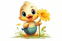 Duck character hold sunflower cartoon plant cute.