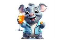 Rhino character drink champagne cartoon animal glass.