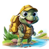 Turtle character hiking summer cartoon animal representation.