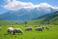 Herd of sheep grazing landscape grassland livestock.
