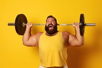 Vibrant yellow background weightlifting exercises plus size model man sports.