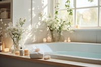 Essential oils filled inside cozy bright bathroom windowsill bathtub jacuzzi.