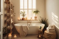 Essential oils filled inside cozy bright bathroom bathtub plant architecture.