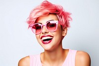 Pink short hair smile sunglasses laughing.
