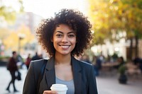 Woman holding coffee cup smile adult face.