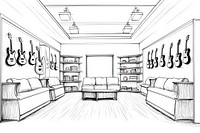 Guitar room shop interior sketch architecture furniture.