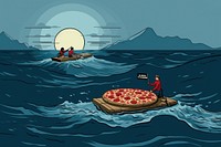 Illustration of a pizza ocean watercraft outdoors.