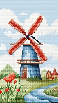 Cross stitch Windmill embroidery landscape windmill.