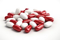 Pill capsules white red white background.