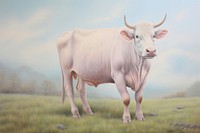 Painting of cow on grass livestock mammal animal.