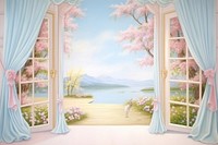 Painting of curtain spring view nature flower window.