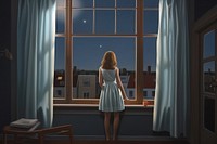 Painting of girl watching view window night contemplation.