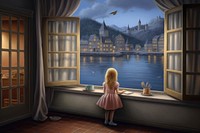 Painting of girl watching view window city contemplation.