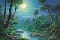 Painting of jungle at night backgrounds vegetation landscape.