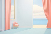 Painting of minimal curtain furniture window chair.