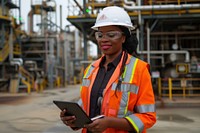 Petroleum oil refinery engineer black woman worker in oil and gas industrial with personal safety equipment PPE to inspection follow checklist by tablet hardhat helmet adult.