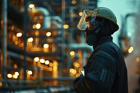 Petroleum oil refinery engineer black worker in oil and gas industrial with personal safety equipment PPE to inspection follow checklist by tablet helmet light adult.