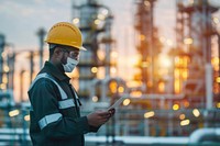 Petroleum oil refinery engineer black worker in oil and gas industrial with personal safety equipment PPE to inspection follow checklist by tablet petroleum hardhat helmet.