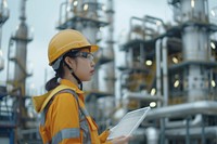 Petroleum oil refinery engineer woman worker in oil and gas industrial with personal safety equipment PPE to inspection follow checklist by tablet architecture factory hardhat.