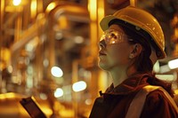 Petroleum oil refinery engineer woman worker in oil and gas industrial with personal safety equipment PPE to inspection follow checklist by tablet architecture factory hardhat.