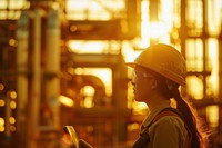 Petroleum oil refinery engineer woman worker in oil and gas industrial with personal safety equipment PPE to inspection follow checklist by tablet hardhat helmet architecture.
