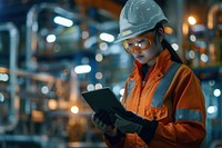 Petroleum oil refinery engineer woman worker in oil and gas industrial with personal safety equipment PPE to inspection follow checklist by tablet hardhat helmet adult.