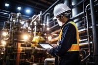 Petroleum oil refinery engineer worker in oil and gas industrial with personal safety equipment PPE to inspection follow checklist by tablet factory hardhat helmet.