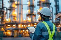 Petroleum oil refinery engineer worker in oil and gas industrial with personal safety equipment PPE to inspection follow checklist by tablet architecture factory hardhat.