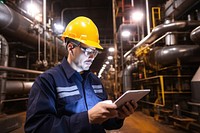 Petroleum oil refinery engineer worker in oil and gas industrial with personal safety equipment PPE to inspection follow checklist by tablet hardhat helmet engineering.