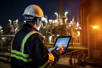 Petroleum oil refinery engineer worker in oil and gas industrial with personal safety equipment PPE to inspection follow checklist by tablet computer hardhat helmet.