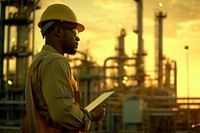 Petroleum oil refinery engineer worker in oil and gas industrial with personal safety equipment PPE to inspection follow checklist by tablet architecture petroleum factory.