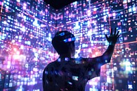 A man interact with metaverse technology futuristic illuminated cyberspace.
