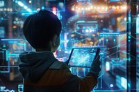 A kid holding a tablet and interact with metaverse technology computer architecture illuminated.