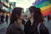 Couple asian lesbian woman with gay pride flag on the street photography portrait kissing.