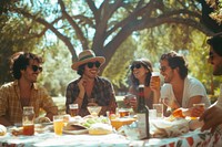 Group of happy young american adult picnic outdoors glasses table.
