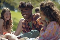 Group of happy young american adult picnic laughing smile togetherness.