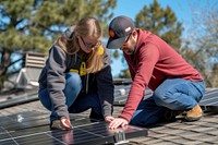 Kneeling professional man and woman measuring solar panels installation from the top of a house roof adult environmentalist togetherness.